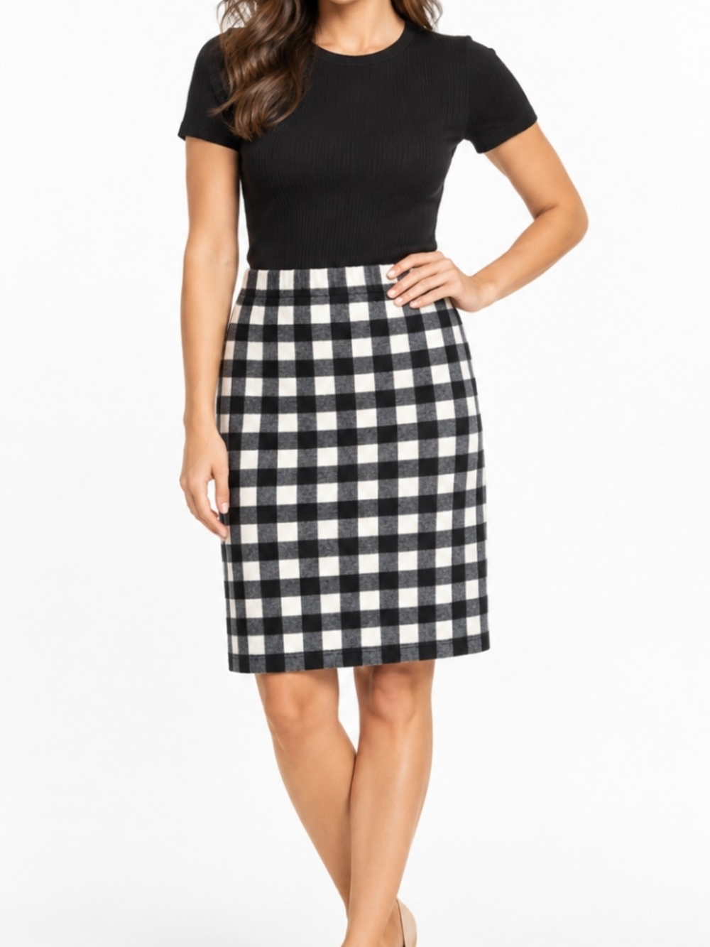 St John Collection Santana Knit Check Wool Rayon Skirt Black White Size Small